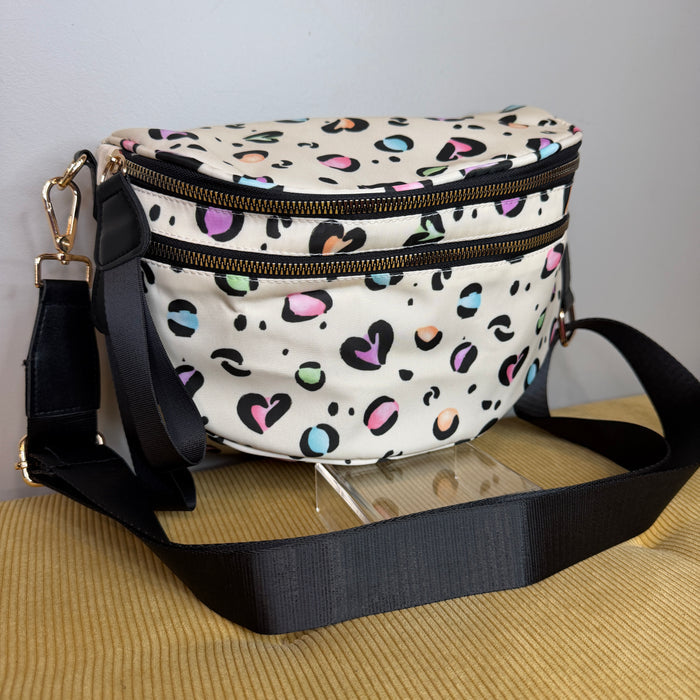 The Roni Nylon Crossbody - Animal Print Multi Color Hearts