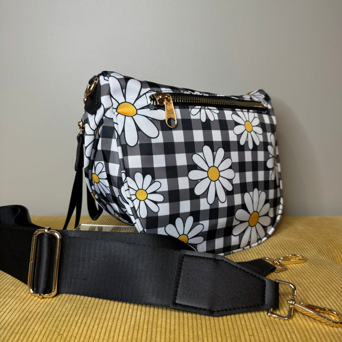 The Roni Nylon Crossbody - Black Gingham Daisy Floral