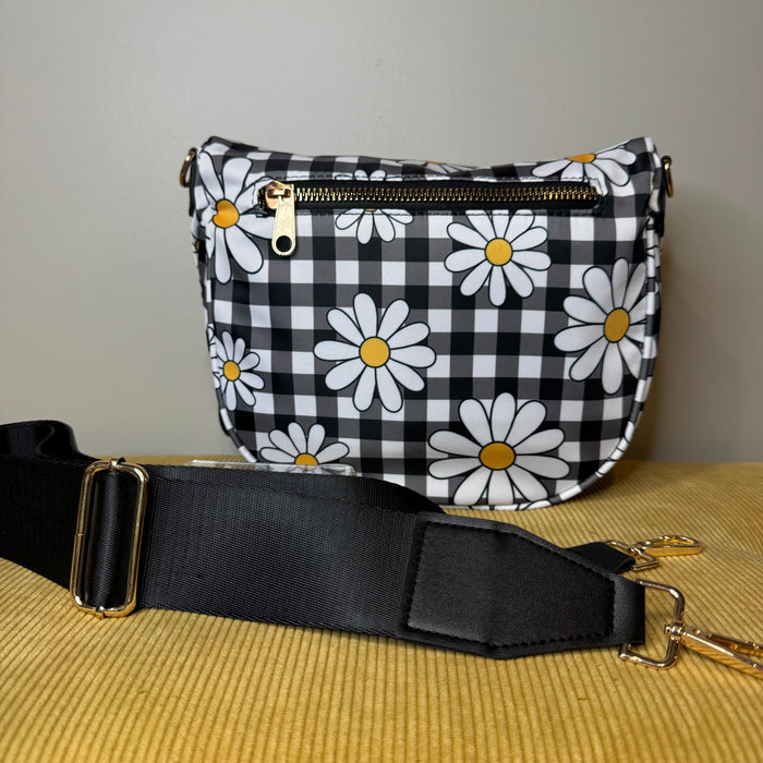 The Roni Nylon Crossbody - Black Gingham Daisy Floral