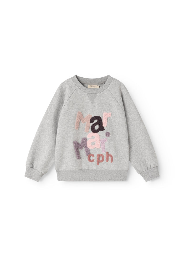 Gray sweatshirt blouse with colorful text/logo print on the front and long sleeves.