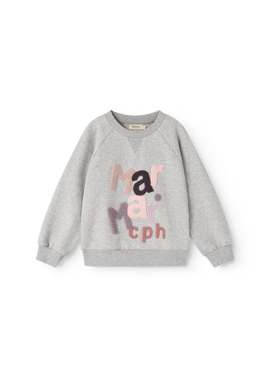 Gray sweatshirt blouse with colorful text/logo print on the front and long sleeves.