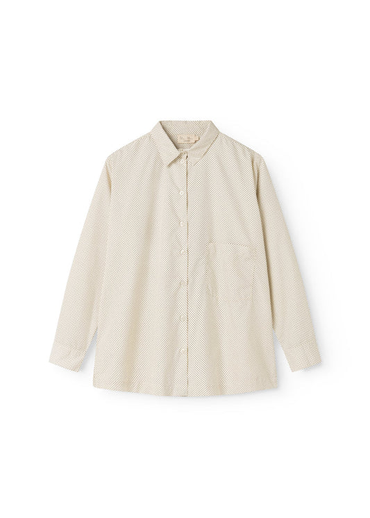 Off-white shirt with small black dots, button closure and long sleeves