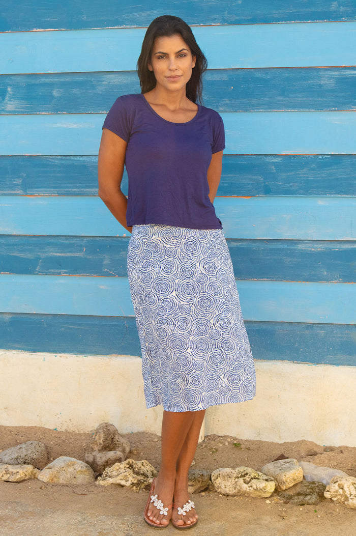 Tilda Viscose Crinkle Skirt | White/Blue