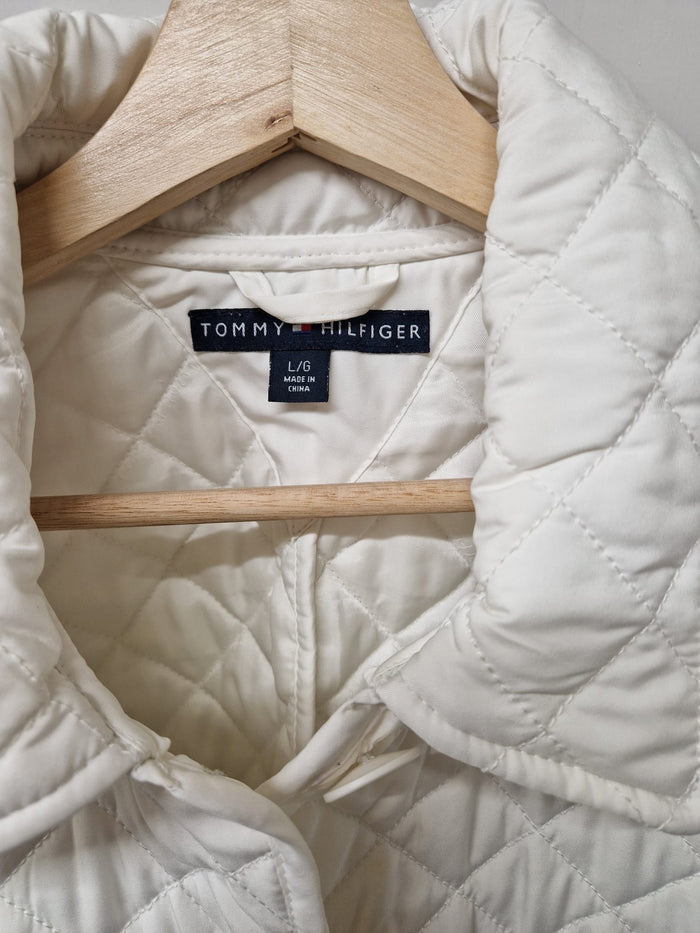 Tommy Hilfiger White Quilted Jacket (L) UK 12 EU 40 Collared Buttoned - USED