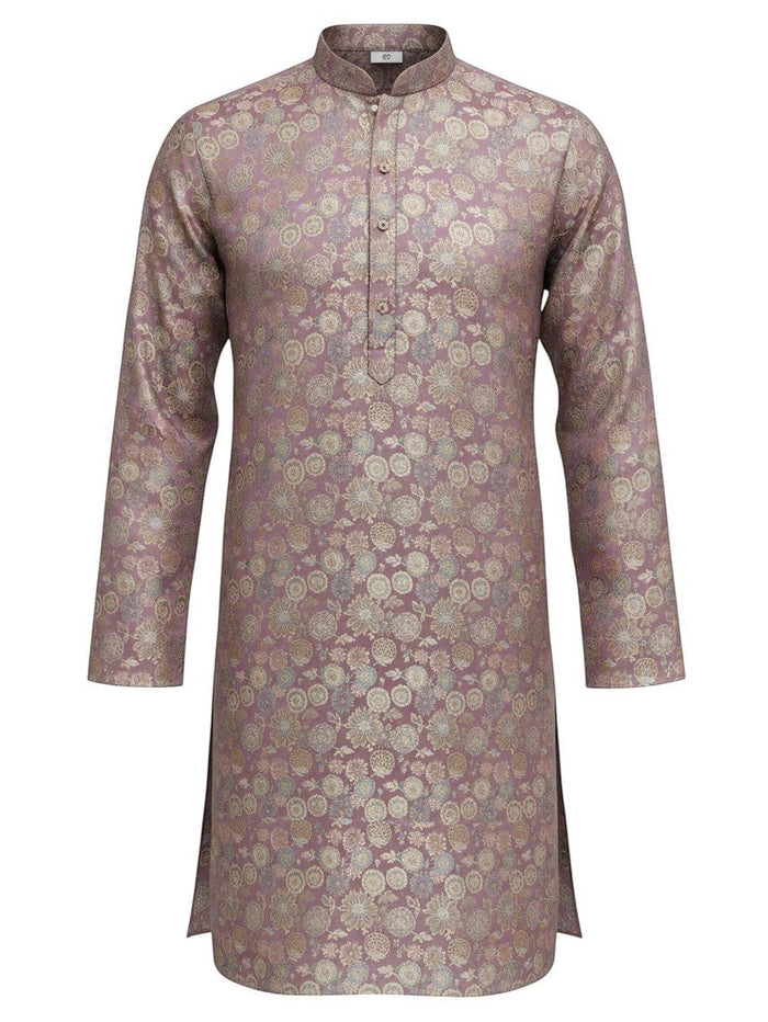 Kurti Connection USA mauve ethnic kurta for men featuring a mandarin collar and intricate shimmering gold floral motifs.