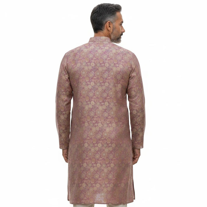 Back view of a man wearing a mauve Kurti Connection USA ethnic kurta with shimmering gold floral motifs.