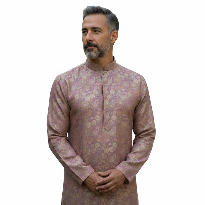 Kurti Connection USA men's mauve kurta with gold floral motifs, mandarin collar, and button-down placket.