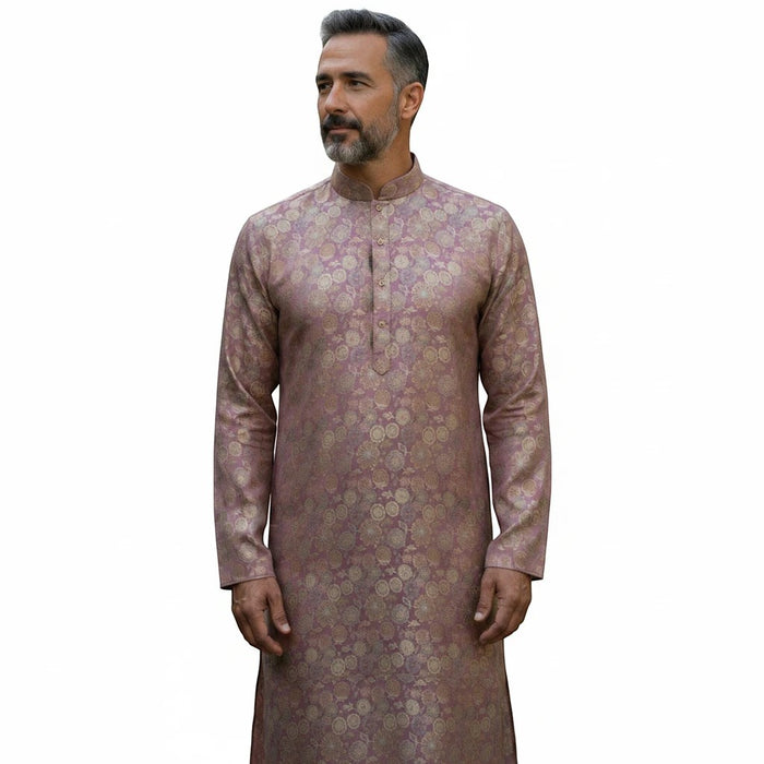 Kurti Connection USA men's mauve kurta with gold floral motifs, mandarin collar, and long sleeves on a male model.