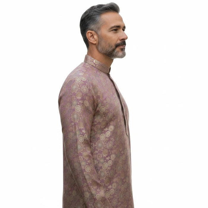 Kurti Connection USA men's mauve kurta with gold floral motifs, mandarin collar, and button-down placket, side view.