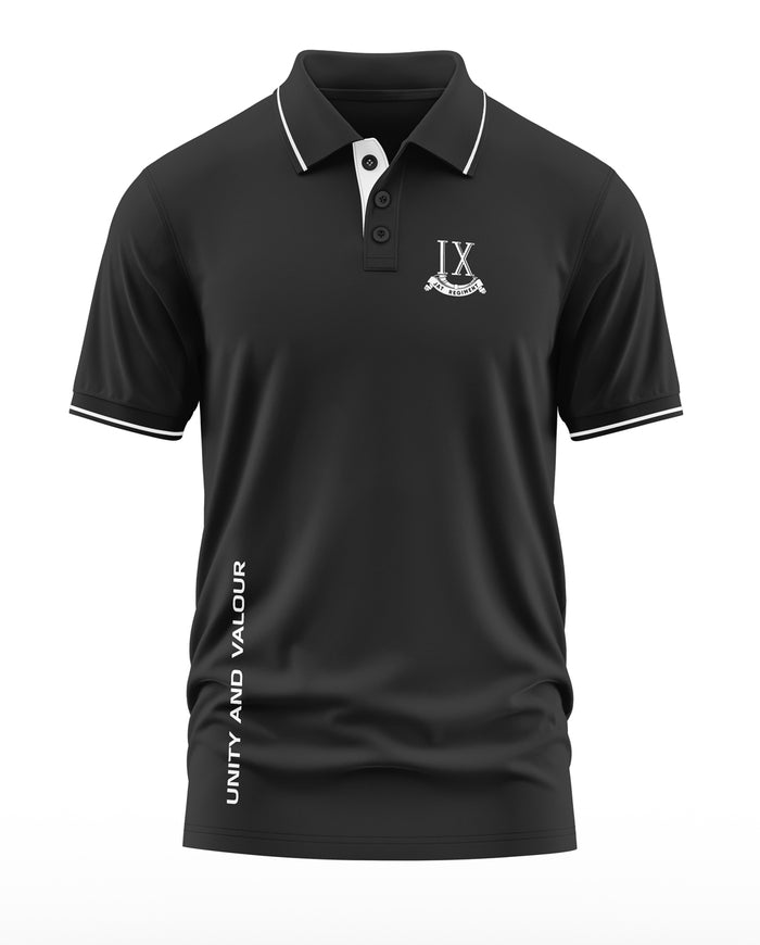 Black men's polo t-shirt with white piping, 'IX' logo, and 'Unity and Valour' text on front.
