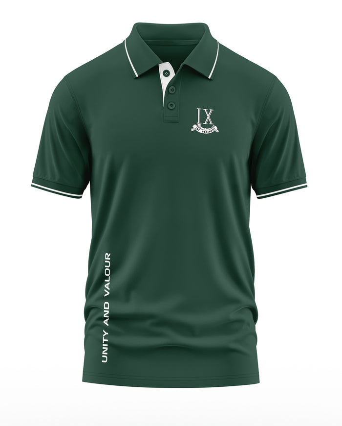 Army green men's polo t-shirt with white trim, IX Regiment logo, and 'Unity and Valour' text.