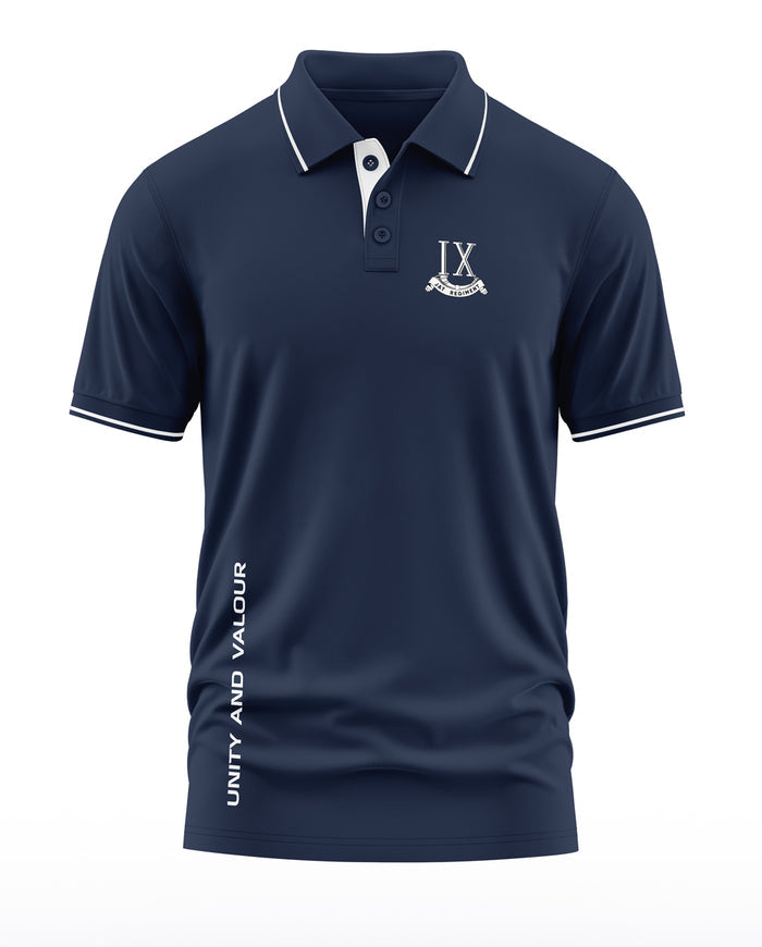 Navy blue men's polo t-shirt with white piping, 'IX' crest, and 'Unity and Valour' text.