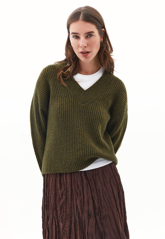 V Neck Knit Sweater - DARK OLIVE