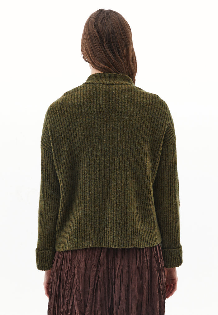V Neck Knit Sweater - DARK OLIVE