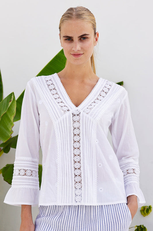 Valentina Embroidered Cotton Blouse | White - Aspiga