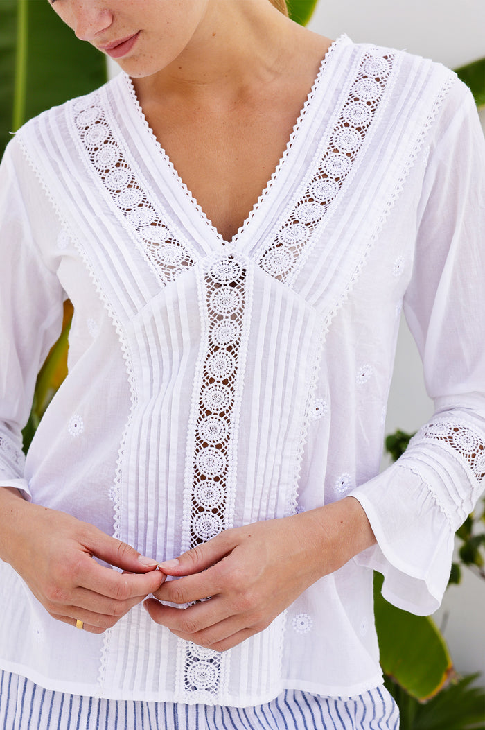 Valentina Embroidered Cotton Blouse | White - Aspiga