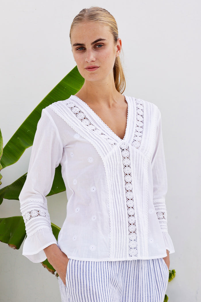 Valentina Embroidered Cotton Blouse | White - Aspiga