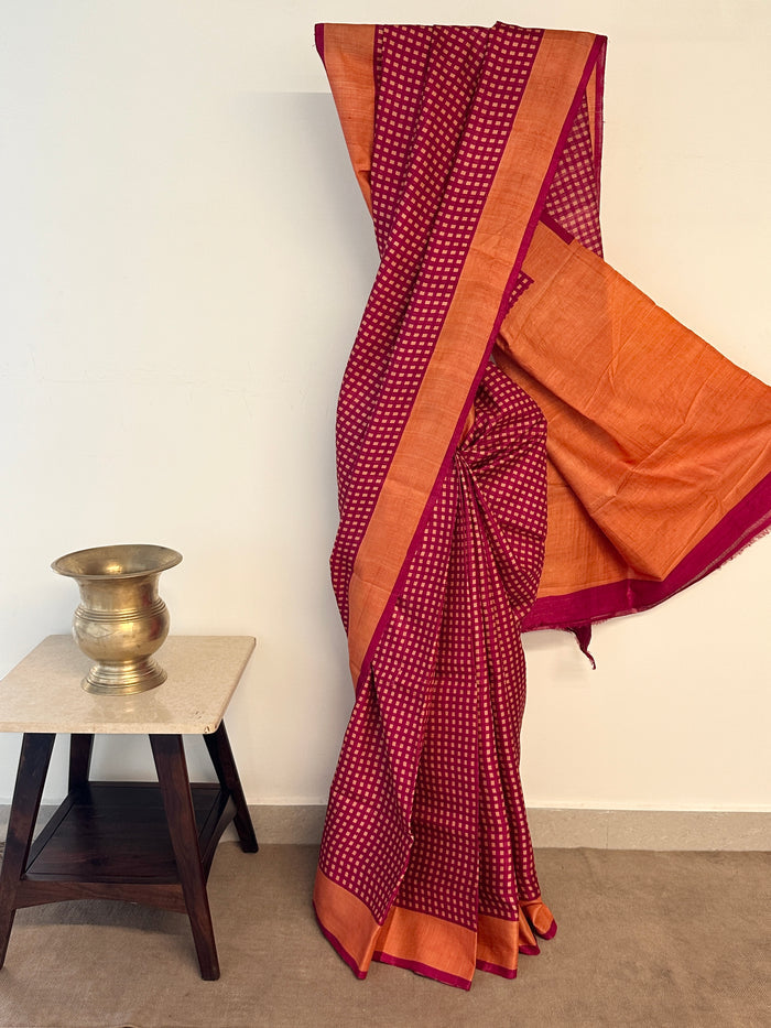 Veena Checks Tussar Saree - Pink