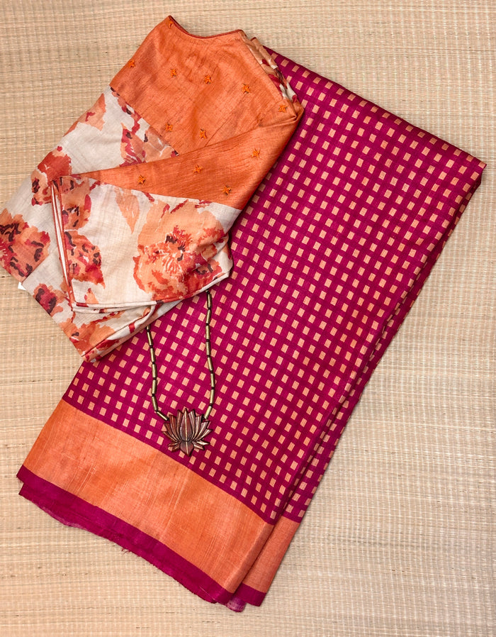 Veena Checks Tussar Saree - Pink