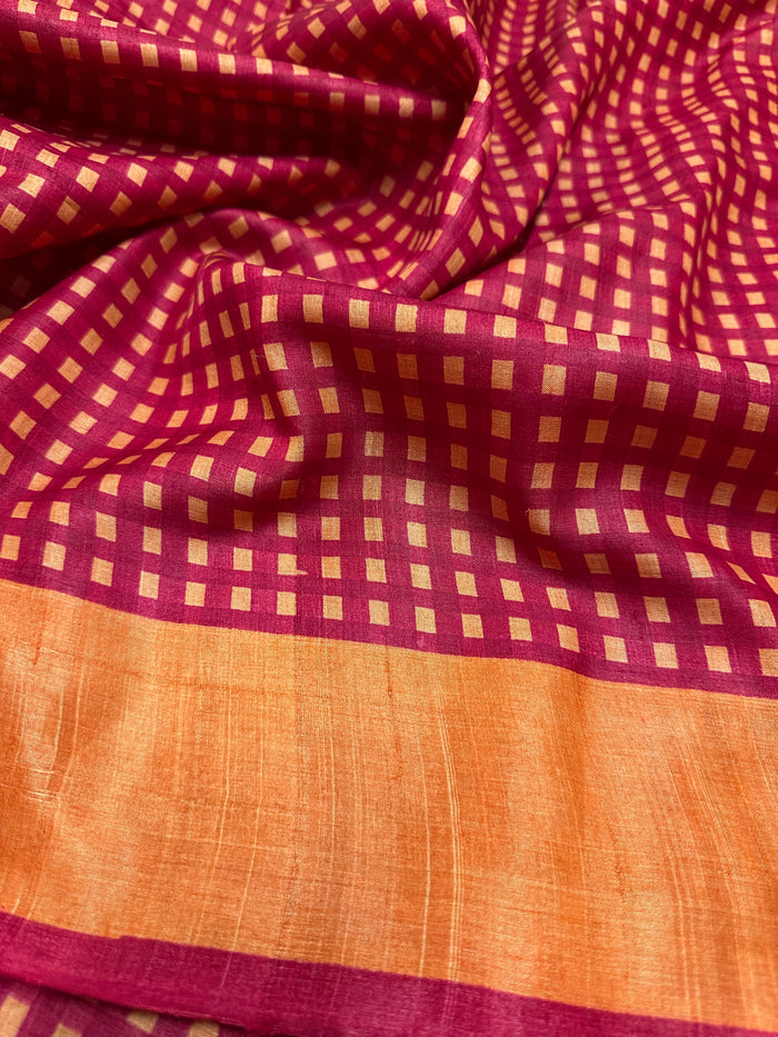 Veena Checks Tussar Saree - Pink