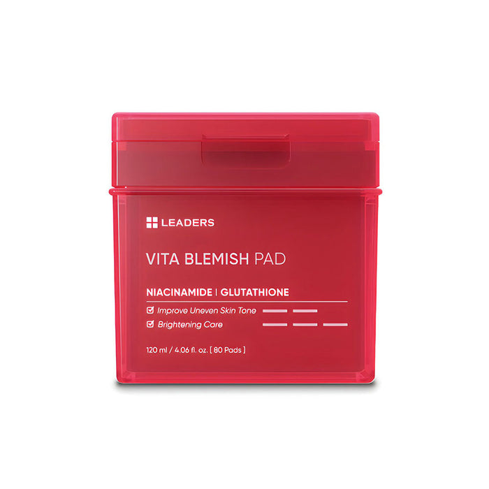 Red rectangular container with white text for Vita Blemish Pad | Leaders featuring niacinamide and glutathione for skincare and brightening care.