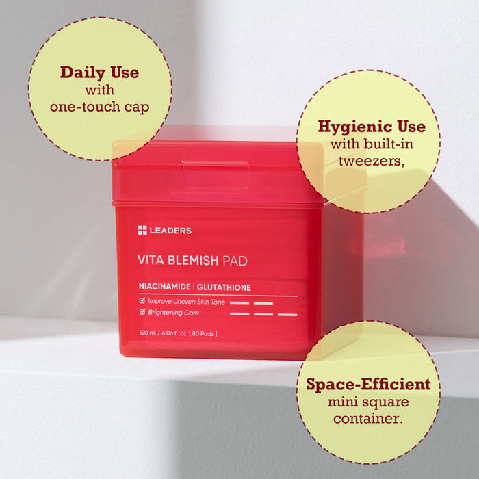 Red compact container of Vita Blemish Pad | Leaders with daily use one-touch cap, built-in tweezers for hygienic use, and a space-efficient mini square design on a white surface.