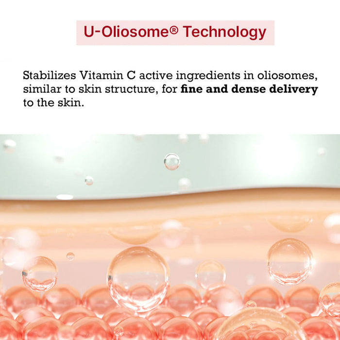 Close-up illustration of transparent vitamin C capsules penetrating smooth skin layers, highlighting U-Oliosome Technology for fine and dense delivery in Vita Blemish Pad | Leaders skincare.