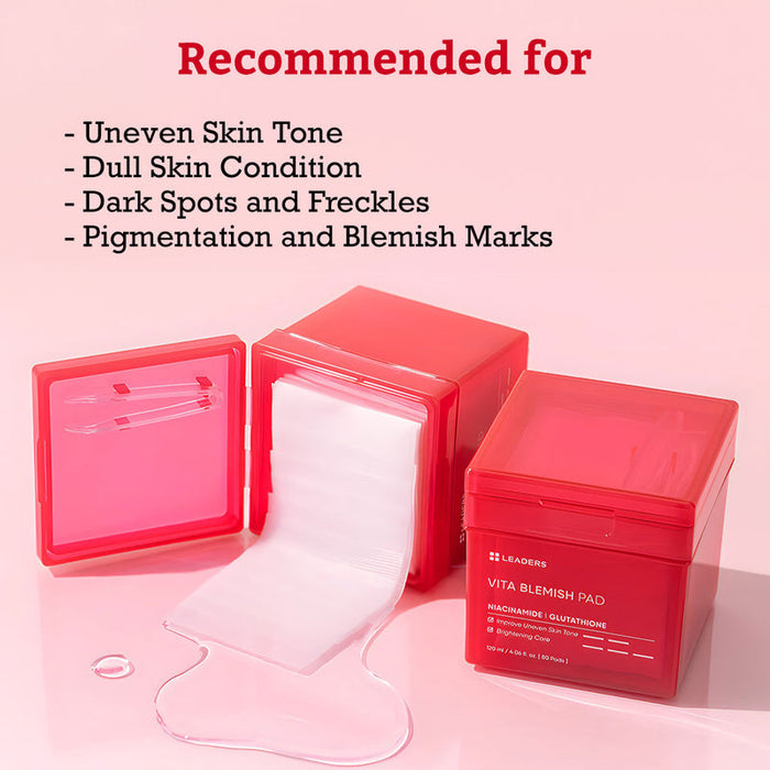 Red container of Vita Blemish Pad | Leaders with an open lid showing moist pads inside, recommended for uneven skin tone, dull skin, dark spots, freckles, pigmentation, and blemish marks.
