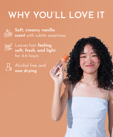 Woman holding Warm Vanilla Hair Mist with text about its benefits on an orange background