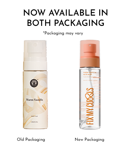 Two bottles of Warm Vanilla Hair Mist with text indicating new and old packaging variations