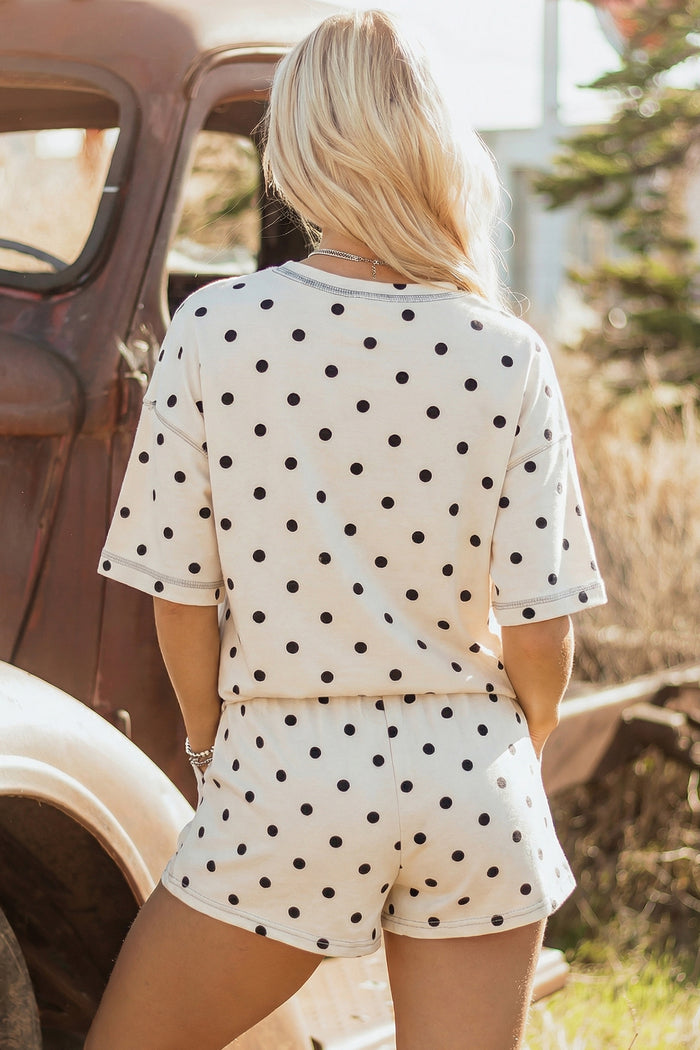 White Exposed Seam Detail Polka Dot Loose Tee Drawstring Shorts Set