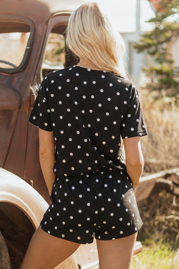 White Exposed Seam Detail Polka Dot Loose Tee Drawstring Shorts Set