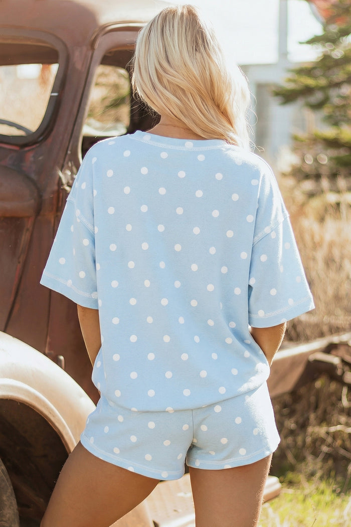 White Exposed Seam Detail Polka Dot Loose Tee Drawstring Shorts Set