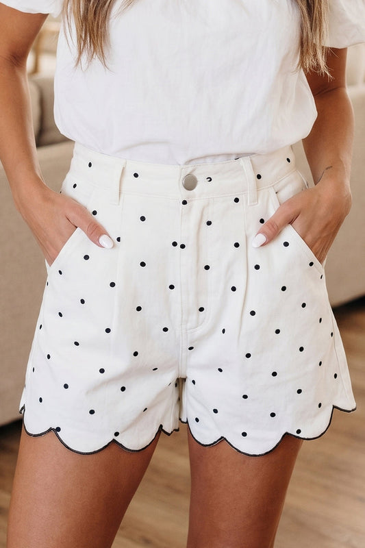 White Polka Dot Print Embroidered Scallop Hem Shorts