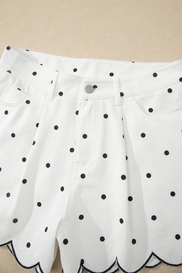 White Polka Dot Print Embroidered Scallop Hem Shorts