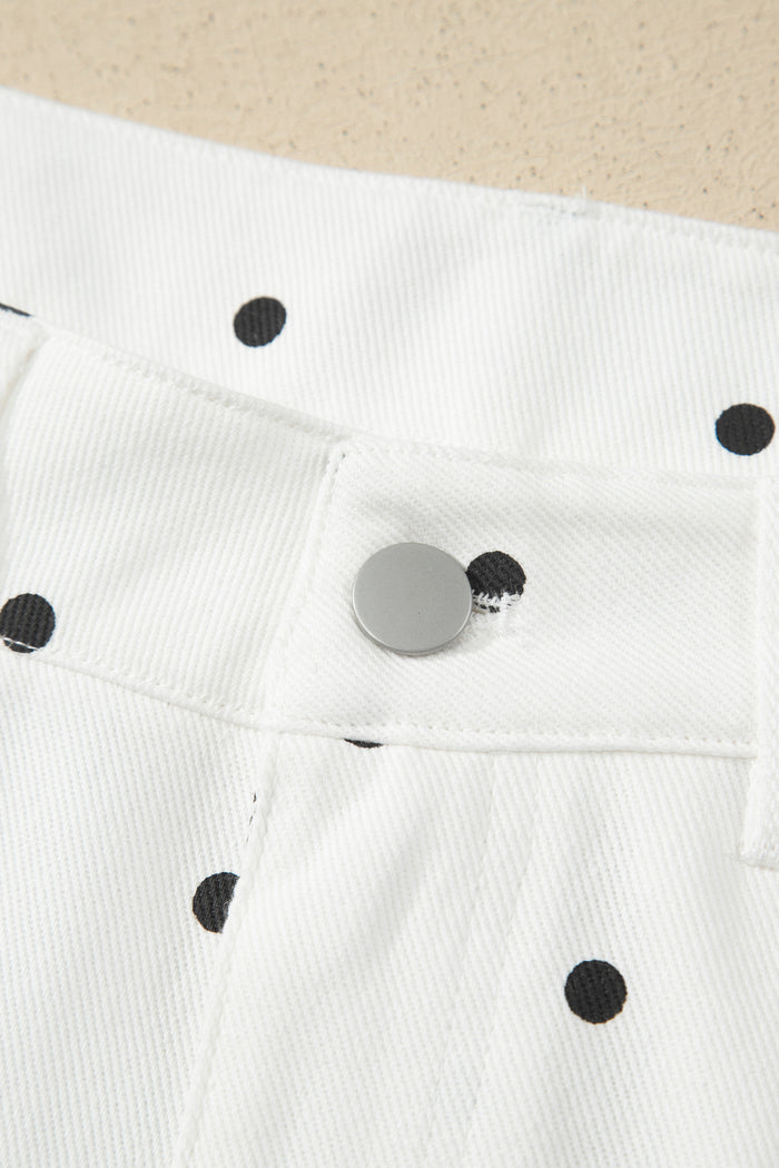 White Polka Dot Print Embroidered Scallop Hem Shorts