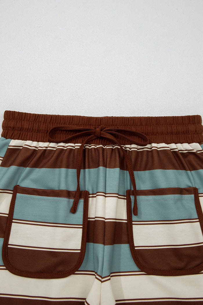 White Stripe Button Polo Collar Tee Drawstring Elastic Waist Patchwork 2pcs Short Set