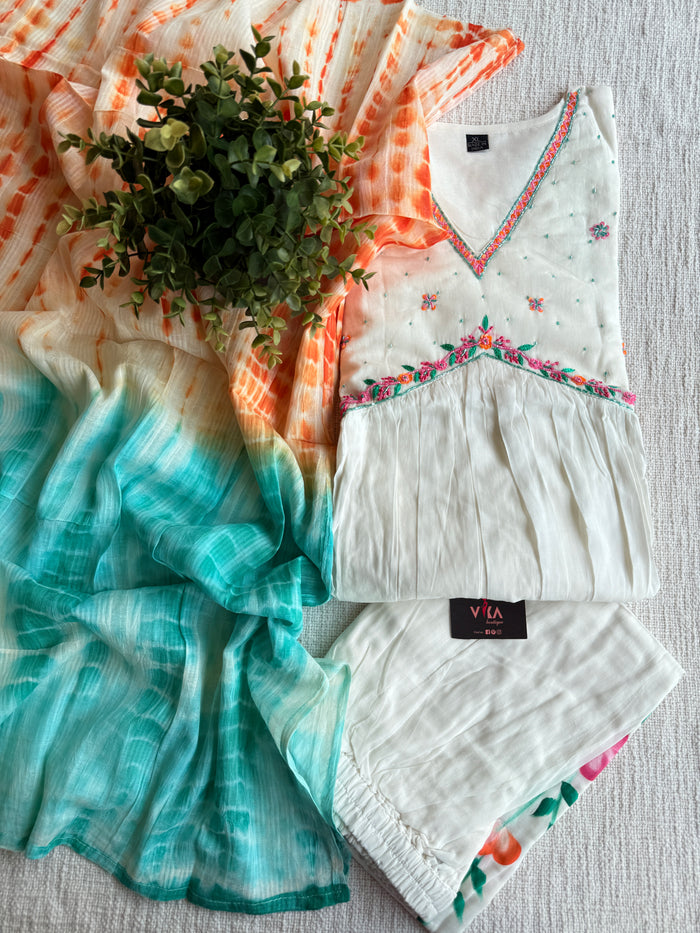 White-Turquoise Mul Cotton Ready kurti pant set