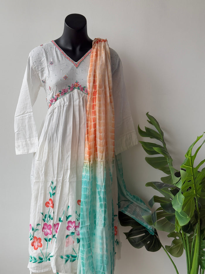 White-Turquoise Mul Cotton Ready kurti pant set