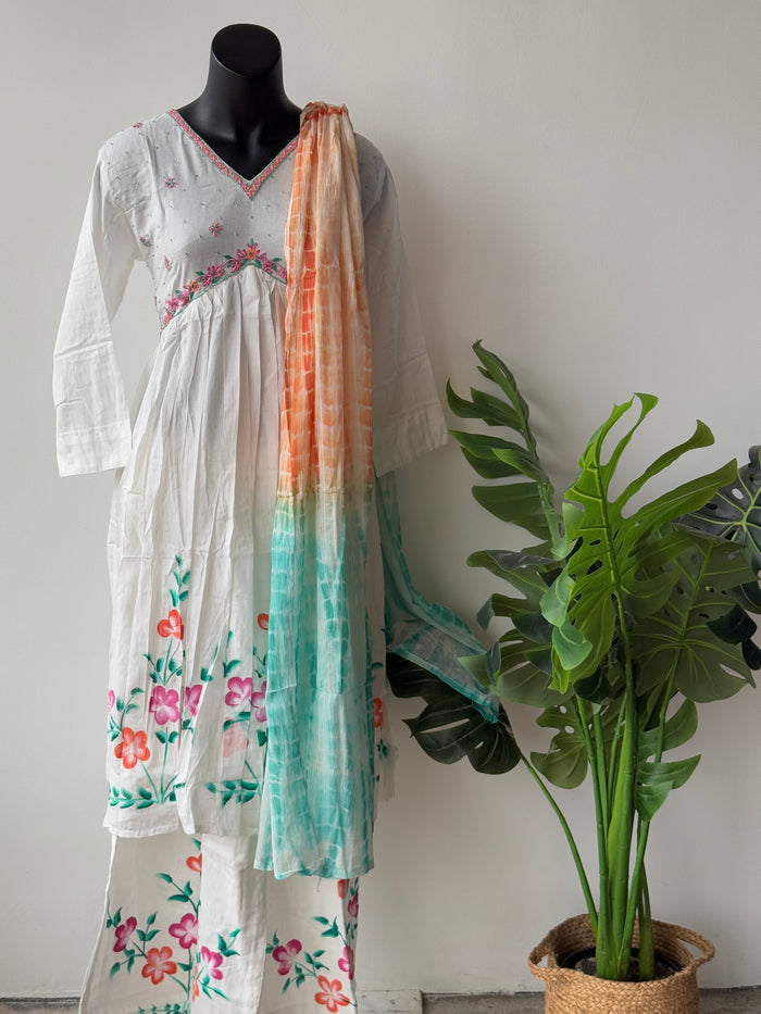 White-Turquoise Mul Cotton Ready kurti pant set