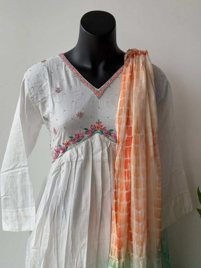 White-Turquoise Mul Cotton Ready kurti pant set