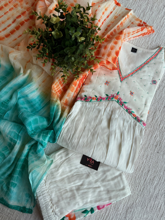 White-Turquoise Mul Cotton Ready kurti pant set