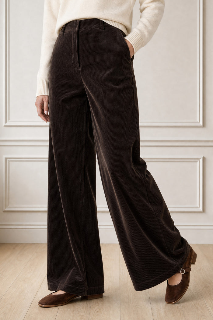 Model wearing the Aspiga Wide Leg Chunky Corduroy Trouser in Chocolate Brown, a high-waisted wide-leg corduroy trouser with patch pockets, alternate view