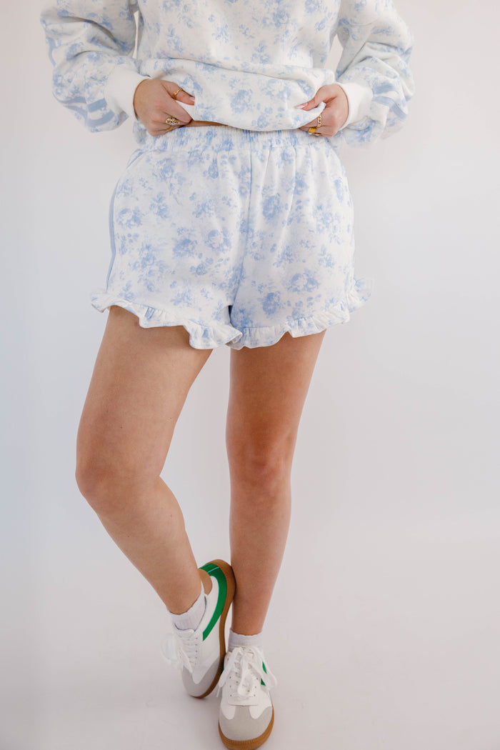 Blue Floral Shorts- Matching Floral Pullover and Shorts- Peach Love Cream Floral Lounge Set