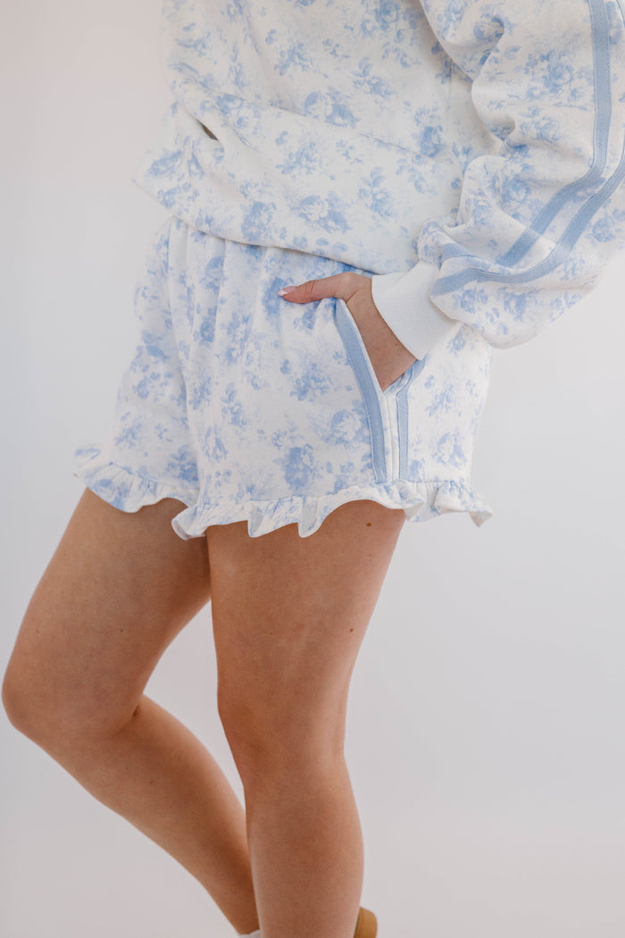 Blue Floral Shorts- Matching Floral Pullover and Shorts- Peach Love Cream Floral Lounge Set