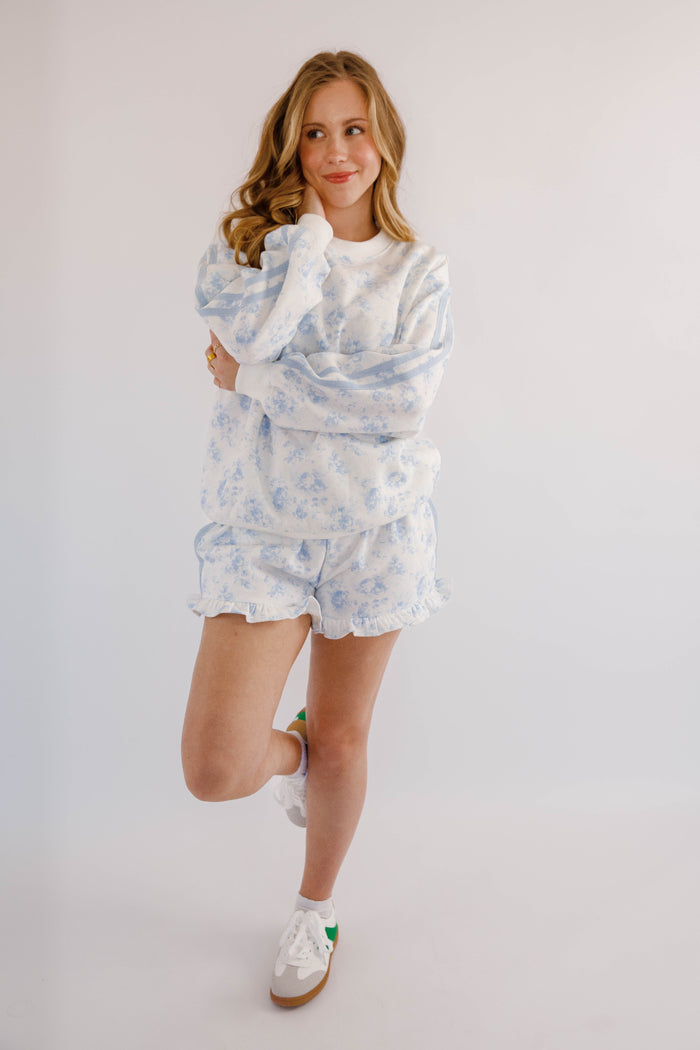 Blue Floral Pullover- Matching Floral Pullover and Shorts- Peach Love Cream Floral Lounge Set