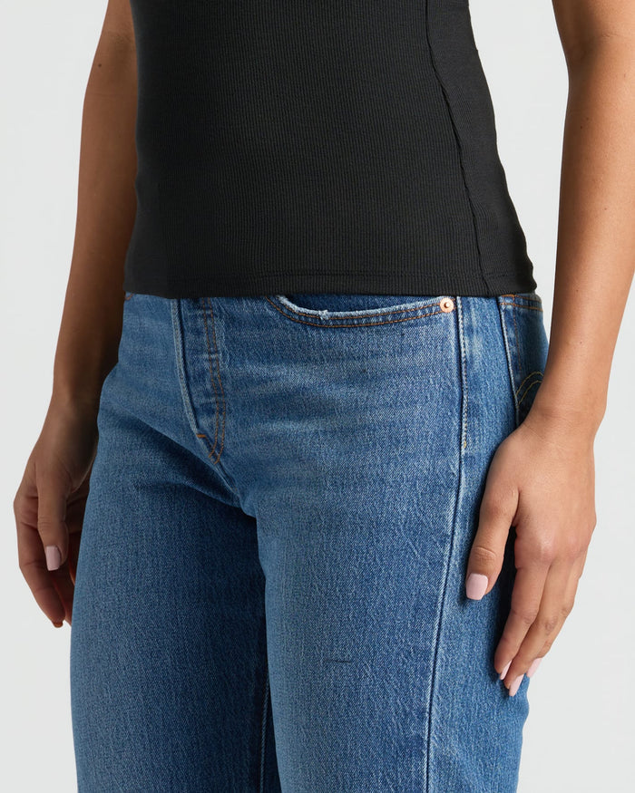 Womens Ribbed 3/4 Sleeve Scoop Neck Tee in black, body-hugging fit.