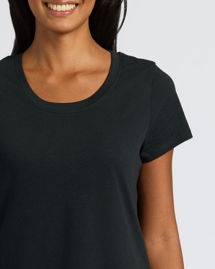 Womens Black Slub Scoop Neck Tee 4-Pack, relaxed fit, soft texture.