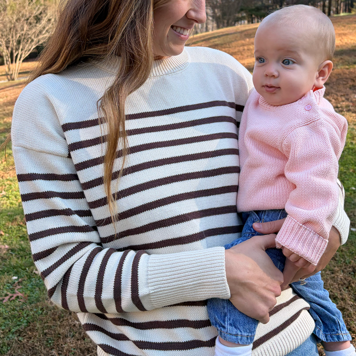 women's cream and brown stripe knit sweater