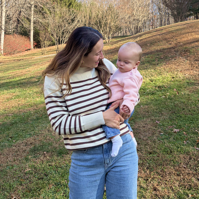 women's cream and brown stripe knit sweater